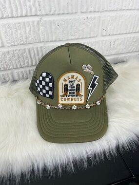 Olive Green Embellished Trucker Hat with Patches Country
